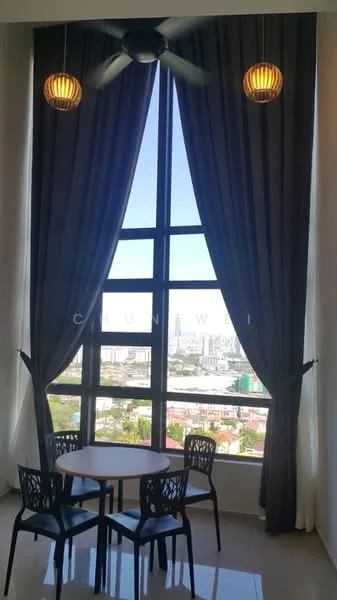 Dining features: round dining table, 4 black dining chairs, floor-to-ceiling windows, black ceiling fan with light, grey curtains, white sheer curtains, city view; style: modern; view: city.