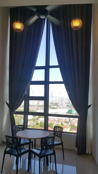 Dining features: round dining table, 4 black dining chairs, floor-to-ceiling windows, city view, grey curtains, white sheer curtains, 2 pendant lights, polished tile flooring; style: modern; view: city.
