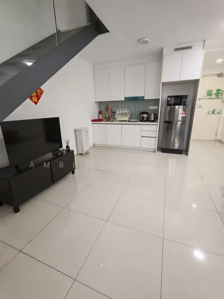 Living features: white painted walls, glossy ceramic tile flooring, recessed downlights, TV console, wall-mounted TV, stainless-steel fridge, built-in kitchen cabinetry, kitchen countertop, microwave, kettle, toaster, decorative wall art; style: modern.