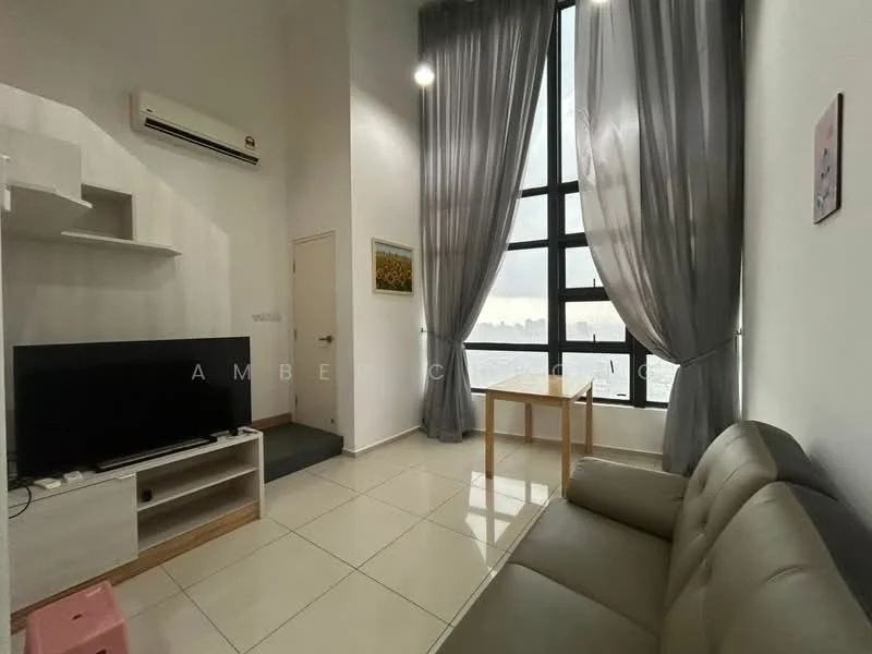 Living features: floor-to-ceiling windows, grey sheer curtains, cream painted walls, white tiled flooring, 3-seater fabric sofa in beige, TV console, wall-mounted TV, small wooden dining table, air conditioning unit, decorative artwork on wall; style: modern; view: city.