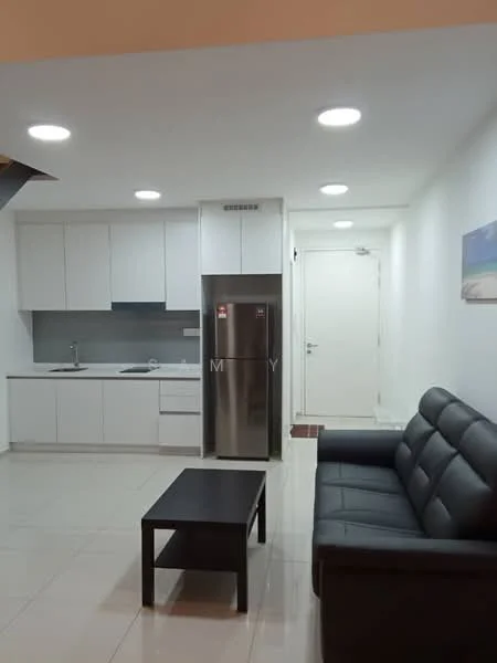 Living features: black leather sofa, coffee table, white painted walls, recessed downlights, ceramic tile flooring, built-in kitchen cabinetry, stainless-steel fridge, single-bowl stainless-steel sink, chrome pull-down faucet, grey backsplash, kitchen countertop, door to hallway; style: modern.