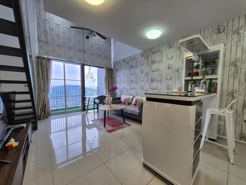 Living features: white painted walls with floral wallpaper, glossy ceramic tile flooring, 5-blade ceiling fan with light, floor-to-ceiling windows, sliding glass door, curtains, coffee table, 2-seater sofa, decorative plants, area rug, wall-mounted TV, TV console; style: modern; view: city. Kitchen features: white cabinetry, stainless-steel fridge, stainless-steel sink, chrome pull-down faucet, countertop with bar stools, open shelving, microwave, decorative items; style: modern.