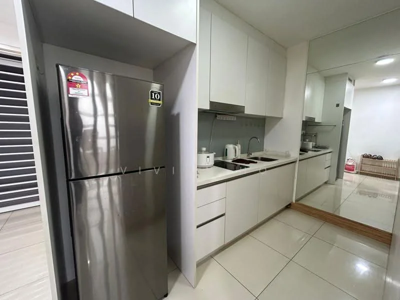 Kitchen features: stainless-steel fridge, double-bowl stainless-steel sink, chrome pull-down faucet, white flat-panel cabinets, white countertop, ceramic tile flooring, recessed LED downlights, mirror backsplash, built-in microwave, kettle; style: modern.