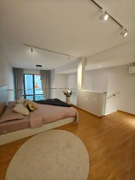 Bedroom features: king-size bed with pink bedding, upholstered headboard, bedside lamps, area rug with circular shape, floor-to-ceiling windows, curtains, wooden flooring, recessed downlights, ceiling-mounted air conditioning unit, decorative vase with flowers, wall-mounted decor, open space layout; style: modern; view: city.