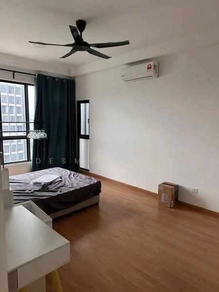 Bedroom features: wooden flooring, white painted walls, 5-blade ceiling fan, wall-mounted split AC, floor-to-ceiling window, blackout curtains, queen-size bed, bedside table, decorative chandelier, box on the floor; style: modern; view: city.