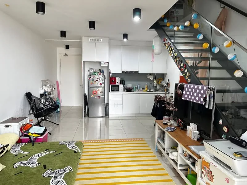 Living features: grey tiled flooring, white painted walls, recessed downlights, kitchenette with white cabinets, stainless-steel fridge, built-in microwave, freestanding range oven, kitchen countertop with backsplash, open shelving, TV console, wall-mounted TV, area rug with yellow and white stripes, decorative wall with colorful paper decorations, black chair, small dining table, decorative items on shelves; style: modern.