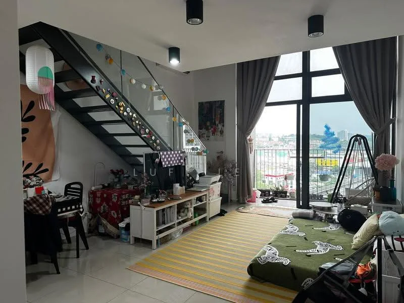 Living features: floor-to-ceiling windows, grey curtains, wooden staircase, green patterned area rug, sofa bed, black dining chairs, dining table with tablecloth, decorative wall art, shelves with books and decor, striped yellow area rug, hanging pendant light, wall-mounted decor, decorative garland; style: modern; view: city.