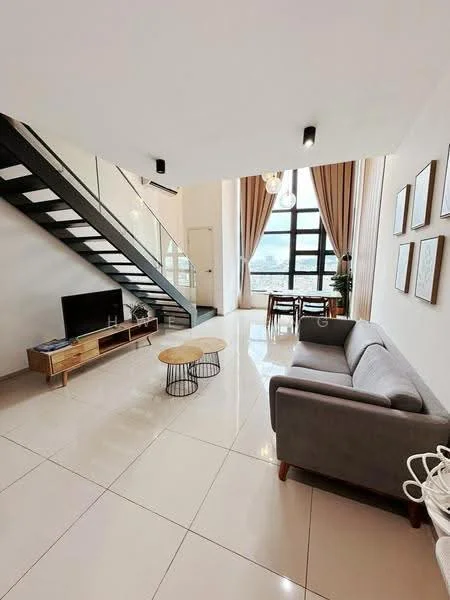 Living features: grey fabric sofa, round wooden coffee table, TV console, wall-mounted TV, large floor-to-ceiling windows, curtains, polished tile flooring, decorative wall art, open-plan layout, staircase with glass railing; style: modern; view: city.