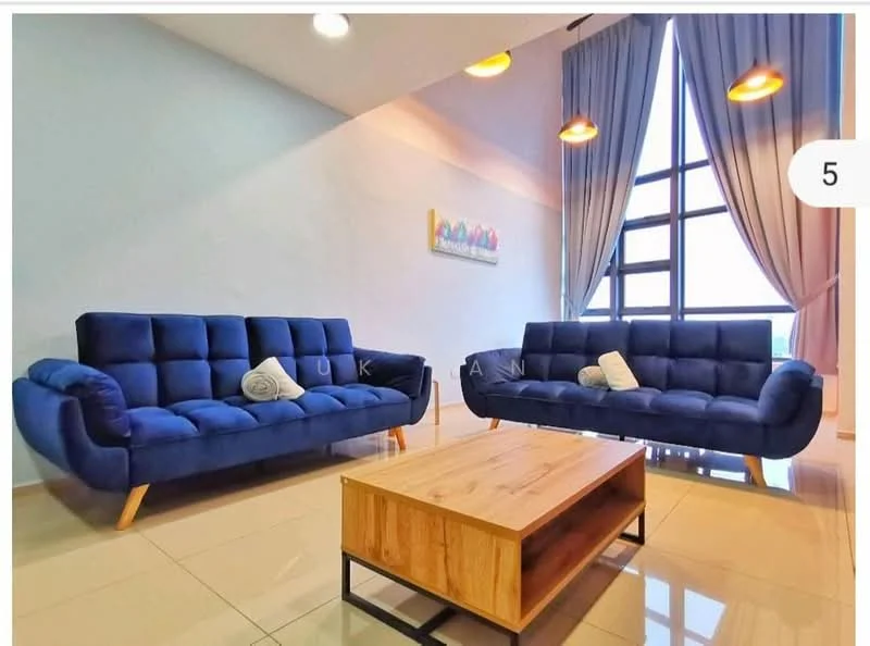 Living features: two blue fabric sofas with wooden legs, wooden coffee table, large floor-to-ceiling windows, light grey painted walls, cream tiled flooring, two pendant lights, curtains in light blue, decorative wall art; style: modern; view: city.