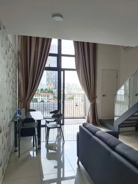 Living features: floor-to-ceiling windows, grey fabric sofa, dining table with chairs, curtains, tile flooring, wall with decorative pattern, staircase, light fixture in ceiling; style: modern; view: city.