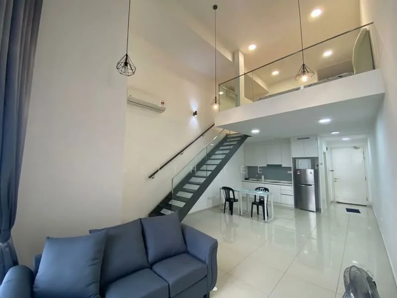 Living features: 3-seater fabric sofa in blue, white painted walls, white tiled flooring, recessed downlights, hanging pendant lights, wall-mounted split AC, glass railing on staircase, open-plan layout to kitchen, large windows with sheer curtains; style: modern. Kitchen features: white cabinetry, stainless-steel fridge, built-in oven, 4-burner gas hob, white countertop, tile backsplash, open shelving, kitchen island with seating; style: modern.
