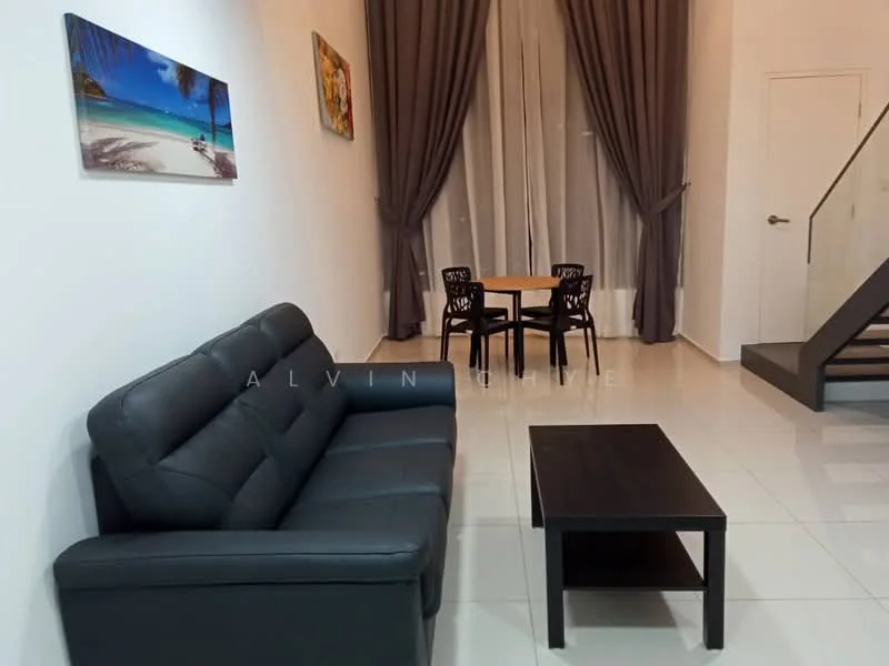 Living features: black leather sofa, wood coffee table, dining table for four, four dining chairs, white painted walls, grey curtains, tile flooring, staircase leading to upper level, framed artwork on wall; style: modern.