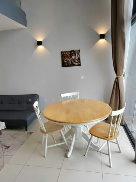 Dining features: round wooden dining table, 2 wooden dining chairs with white legs, grey fabric sofa, light grey painted walls, wall-mounted sconces, framed artwork on wall, floor-to-ceiling windows with sheer curtains, tile flooring; style: modern.