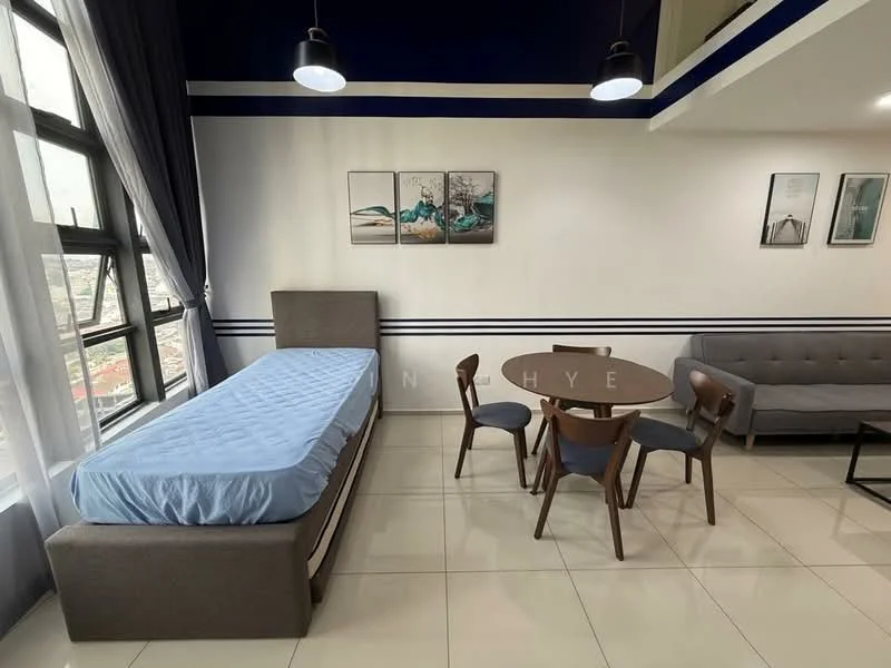 Living features: single bed with grey upholstered frame, blue mattress, round dining table with wooden top, 4 wooden dining chairs, grey fabric sofa, floor-to-ceiling windows, sheer curtains, white painted walls, recessed downlights, tile flooring; style: modern; view: city.