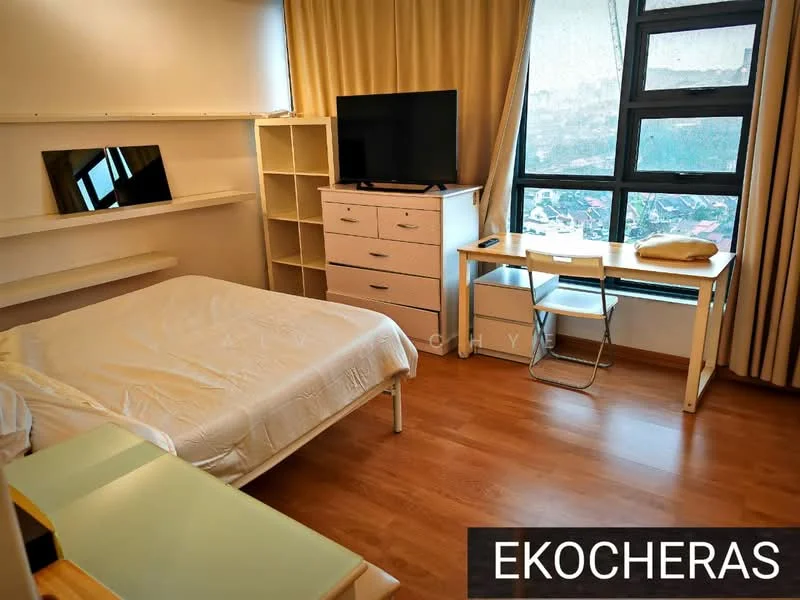 Bedroom features: queen-size bed with white bedding, wooden flooring, large window with city view, curtains, white dresser with multiple drawers, white shelving unit, desk with chair, wall-mounted TV, mirror above dresser, light-colored walls; style: modern; view: city.