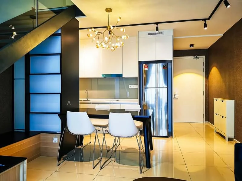 Kitchen features: white cabinetry, black countertop, stainless-steel fridge, built-in oven, 4-burner gas hob, pendant light fixture, tile flooring, glass backsplash, open shelving, dining table with 4 white chairs, recessed downlights, wall-mounted cabinets; style: modern.