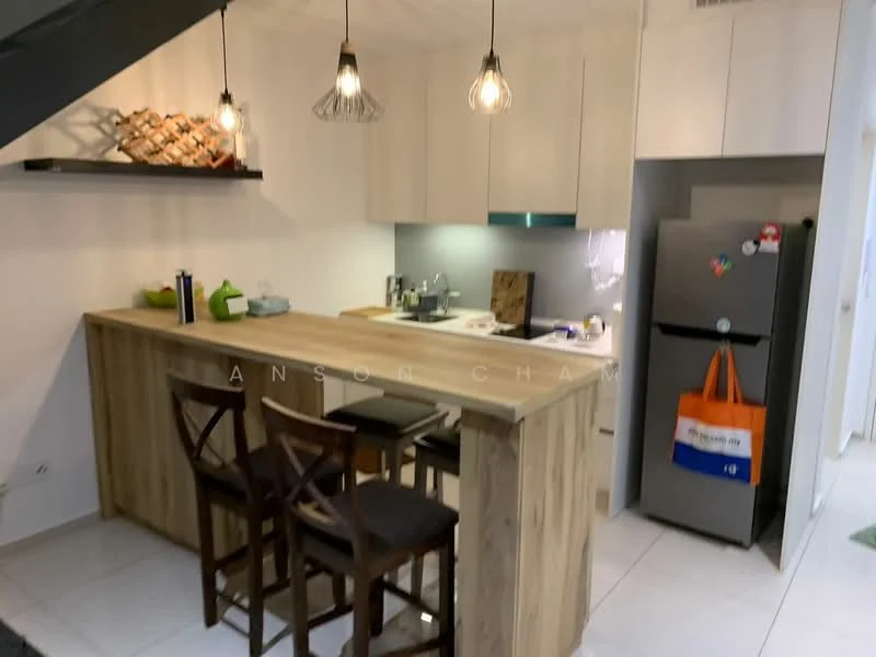 Kitchen features: wooden countertop, white cabinetry, stainless-steel fridge, built-in stove, pendant lighting, bar stools, open shelving, sink, kitchen utensils, green decorative items; style: modern.