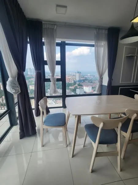 Dining features: round dining table, 4 wooden chairs with blue cushions, floor-to-ceiling windows, city view, grey curtains, white walls, polished tile flooring, recessed ceiling lights; style: modern; view: city.