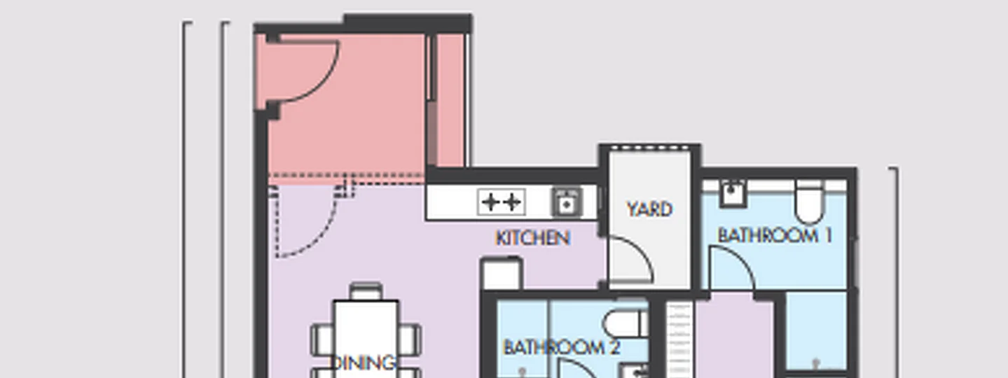 Floor plan: 2-bathroom unit; features: open-plan kitchen-dining, yard area, 2 bathrooms, dining area.