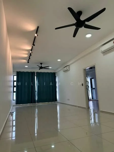 Living features: white painted walls, glossy ceramic tile flooring, 2 ceiling fans, recessed LED downlights, floor-to-ceiling windows, curtains in dark green, 2 wall-mounted split AC units; style: modern.