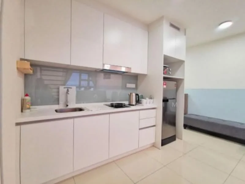 Kitchen features: white cabinetry, marble countertop, single-bowl stainless-steel sink, chrome pull-down faucet, built-in electric stove, built-in oven, stainless-steel kettle, refrigerator, tile flooring, recessed downlights; style: modern. Room features: grey sofa, light blue painted walls, tile flooring.