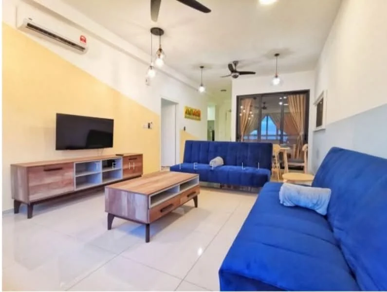 Living features: blue fabric L-shape sectional sofa, blue fabric 3-seater sofa, wooden coffee table with storage drawer, wall-mounted flat-screen TV, 1 wall-mounted split AC, 2 ceiling fans, white painted walls, cream accent wall, large window with sheer curtains, tile flooring, decorative wall art, dining area visible in background; style: modern; view: garden.