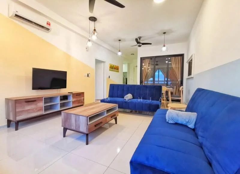 Living features: blue fabric 3-seater sofa, blue fabric 2-seater sofa, wooden coffee table with storage, wall-mounted TV, white painted walls, recessed downlights, ceiling fan with light, large sliding glass door, tile flooring, decorative wall art, open layout to dining area; style: modern.