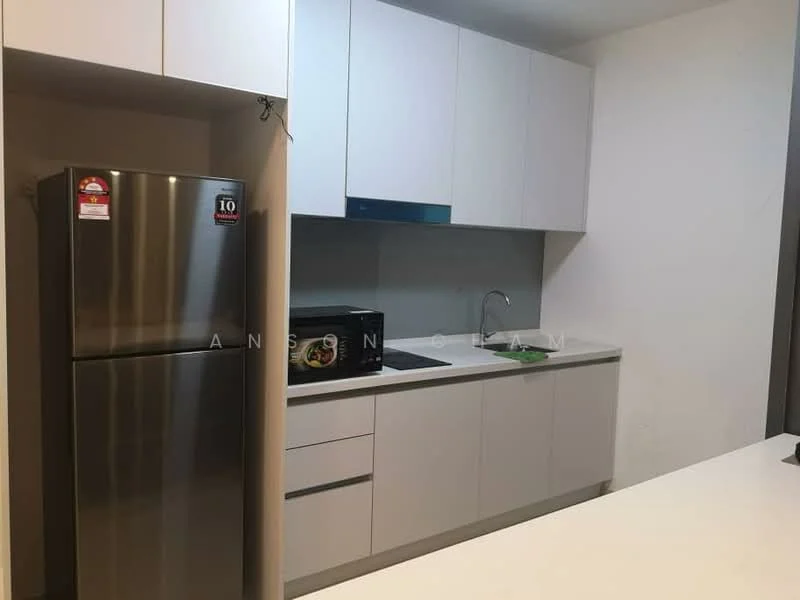 Kitchen features: stainless-steel fridge, built-in microwave, single-bowl stainless-steel sink, chrome pull-down faucet, white cabinetry, laminate countertop, flat-panel cabinet doors, undermount lighting; style: modern.