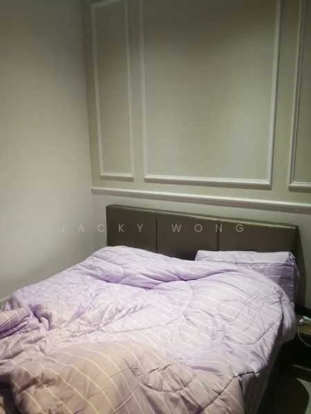 Bedroom features: queen-size bed with upholstered headboard, purple bedding, white walls with paneling, nightstand, lampshade, carpeted flooring; style: modern.