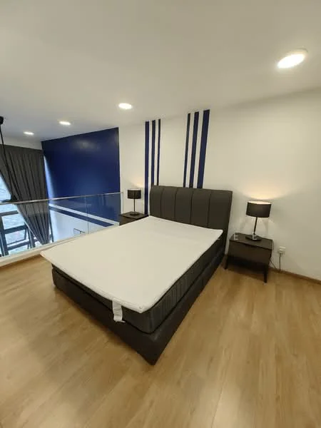 Bedroom features: queen-size bed, upholstered headboard, 2 bedside lamps, wooden flooring, blue accent wall, white painted walls, floor-to-ceiling windows, curtains, recessed downlights; style: modern.