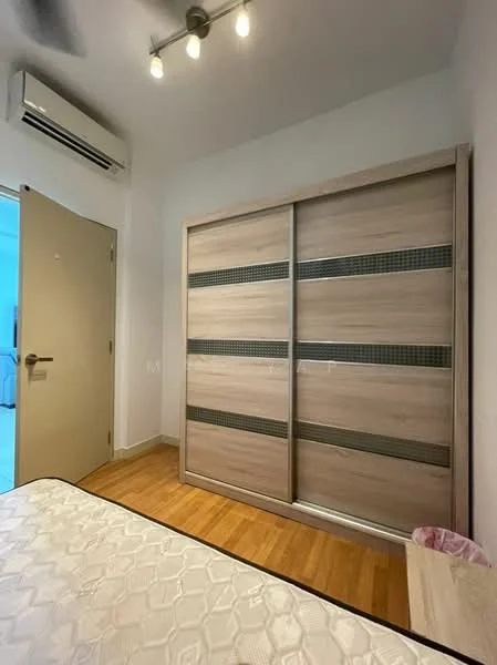 Bedroom features: built-in wardrobe with sliding doors, wooden flooring, 1 wall-mounted split AC, recessed ceiling lights, neutral wall colour, queen-size bed, decorative wall paneling; style: modern.