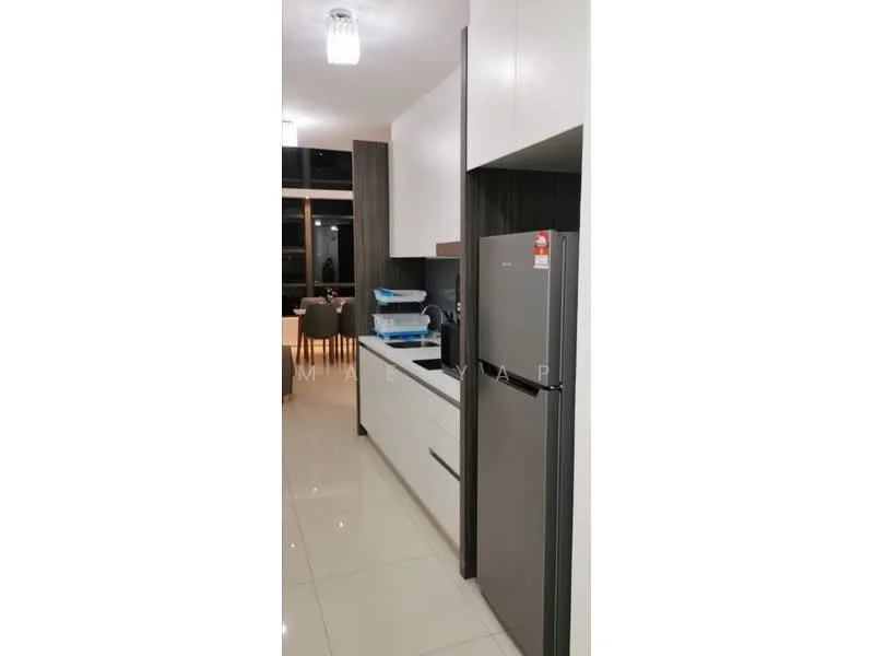 Kitchen features: white shaker cabinets, grey upper cabinets, stainless-steel fridge, built-in oven, ceramic tile flooring, recessed downlights, countertop with backsplash, kitchen island, open shelving, dining area visible in background; style: modern.
