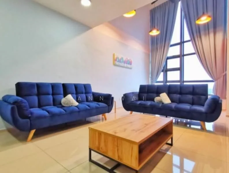 Living features: 2 blue fabric sofas, wooden coffee table, cream wall, large floor-to-ceiling window, curtains in light blue and pink, polished tile flooring, decorative artwork on wall, hanging pendant lights; style: modern.