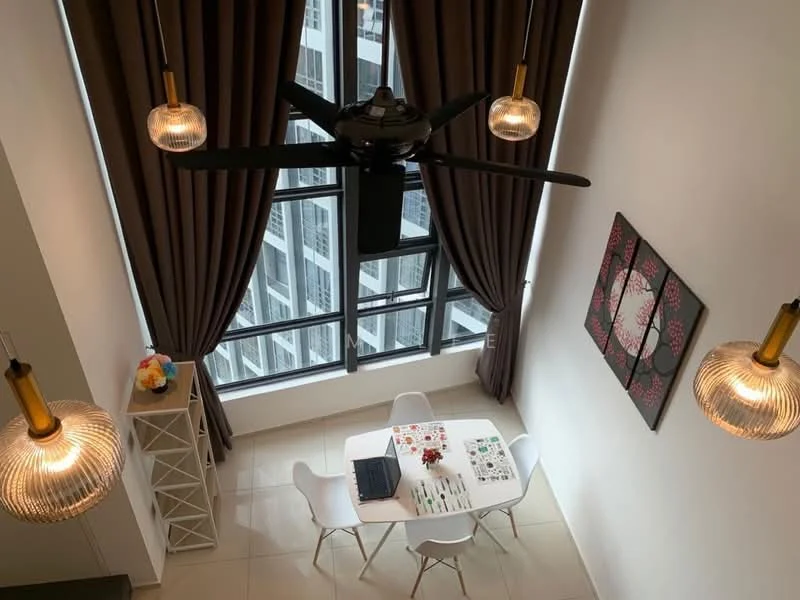 Dining features: white dining table, 4 white dining chairs, 5-blade ceiling fan with light, 2 pendant lights, floor-to-ceiling windows, brown curtains, decorative wall art, light-colored tiled flooring; style: modern; view: city.