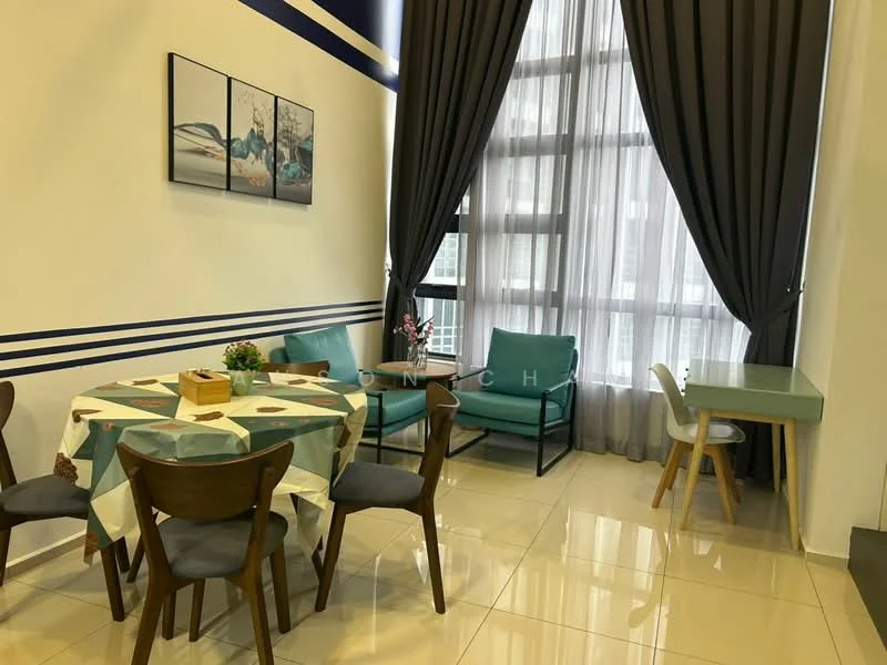 Dining features: round dining table with patterned tablecloth, 4 wooden dining chairs, floor-to-ceiling windows, sheer curtains, grey accent wall, tile flooring, decorative wall art, green upholstered chairs, small study desk with chair; style: modern; view: city.