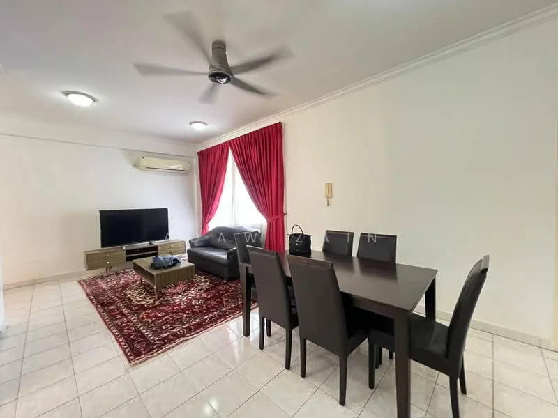 Living features: 3-seater leather sofa, coffee table, TV console, wall-mounted TV, area rug with geometric pattern, 5-blade ceiling fan with light, white painted walls, cream tiled flooring, curtains in red, air conditioning unit; style: modern. Dining features: 6-seater dining table, upholstered dining chairs, decorative wall sconce; style: modern.