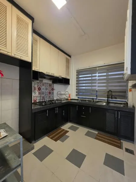 Kitchen features: black cabinetry with louvered doors, white upper cabinets, colorful patterned backsplash, black countertop, single-bowl stainless-steel sink, chrome pull-down faucet, ceramic tile flooring, window with horizontal blinds, recessed lighting, two area rugs; style: modern.
