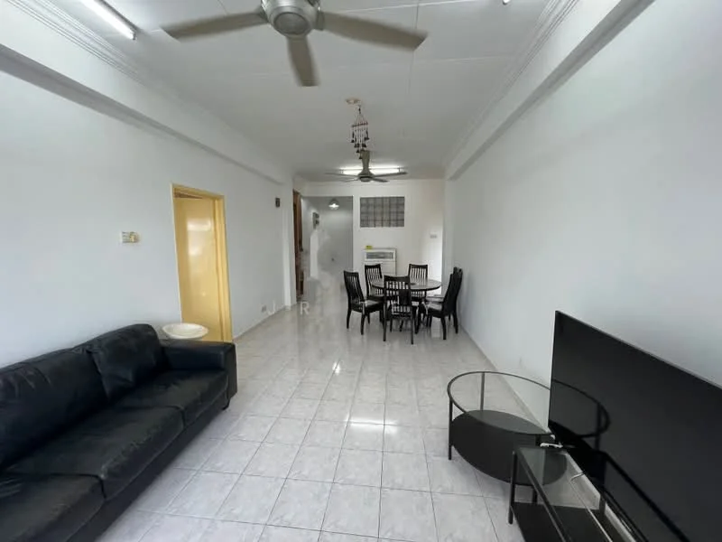 Living features: black fabric sofa, glass coffee table, wall-mounted TV, ceiling fan, white painted walls, white tiled flooring, dining table with six chairs, air conditioning unit; style: modern.