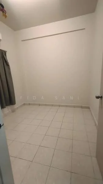 Room features: white painted walls, tile flooring, grey curtains, single door, no visible furniture.