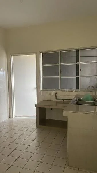 Kitchen features: single-bowl stainless-steel sink, chrome pull-down faucet, laminate countertop, white tiled backsplash, white painted walls, tile flooring, window with metal frame, door leading to hallway.