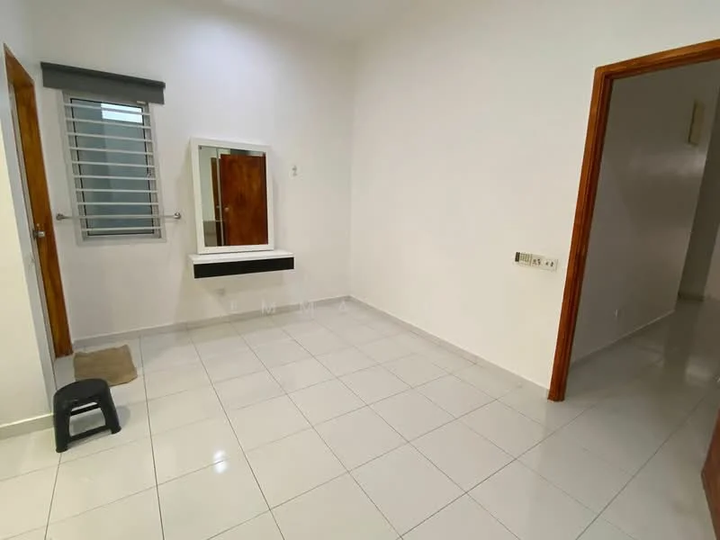 Room features: white painted walls, glossy white tile flooring, mirror with shelf, window with horizontal blinds, wooden door, light switch, stool, minimalist decor; style: modern.