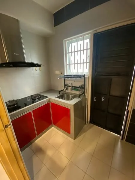 Kitchen features: red cabinetry, grey countertop, stainless-steel sink, chrome pull-down faucet, built-in gas hob, exhaust hood, tile backsplash, white painted walls, ceramic tile flooring, window with security bars, door leading outside; style: modern.