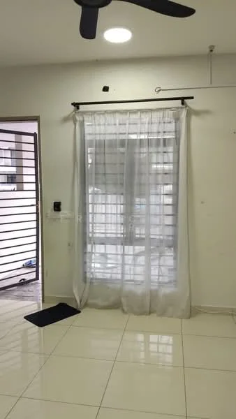 Room features: white painted walls, glossy ceramic tile flooring, sliding glass door, sheer curtains, ceiling fan, recessed ceiling light, window with horizontal slats, door with security grille; style: modern.