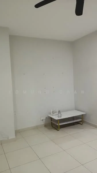 Room features: white painted walls, tile flooring, ceiling fan, small coffee table.