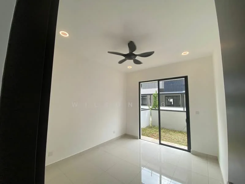 Room features: white painted walls, glossy ceramic tile flooring, 5-blade ceiling fan, floor-to-ceiling sliding glass door, natural light from window, view of outdoor space; style: modern; view: garden.