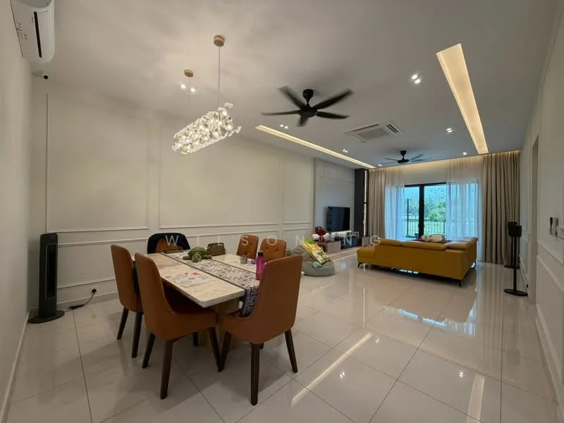 Living features: white painted walls, recessed ceiling with LED strip lighting, 5-blade ceiling fan with light, large sliding glass door, floor-to-ceiling windows, light-colored tile flooring, sofa in mustard yellow, coffee table, TV console, dining table with 6 chairs, decorative chandelier, curtains, wall-mounted TV; style: modern; view: garden.