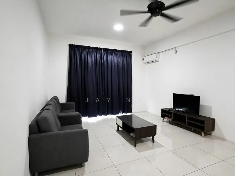 Living features: 3-seater fabric sofa in grey, coffee table, TV console, wall-mounted TV, floor-to-ceiling windows, blackout curtains, wall-mounted split AC, polished ceramic tile flooring, white painted walls, ceiling fan; style: modern.
