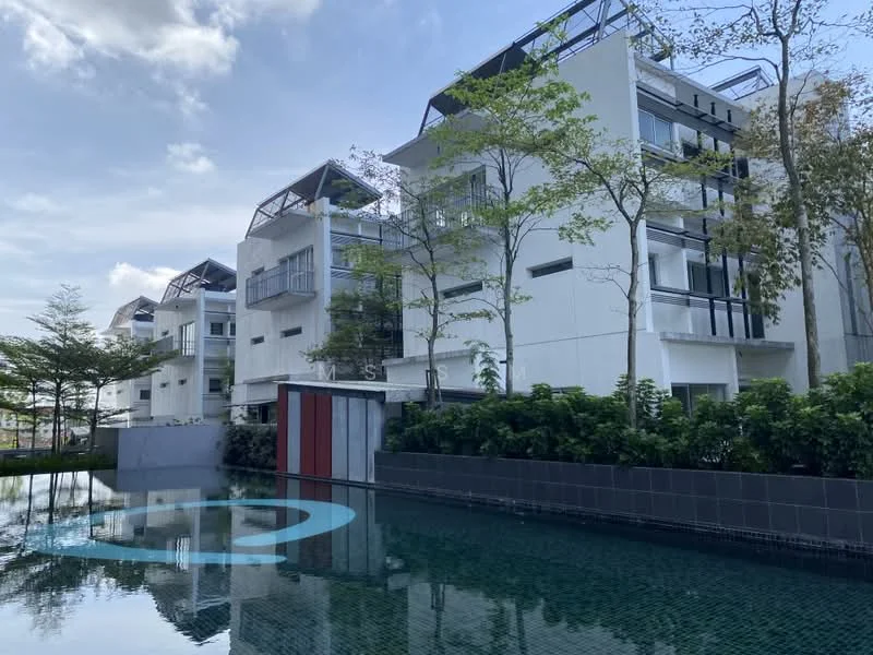 Exterior type: linked terrace house; features: white painted facade, flat roof, approximately 3-storey, manicured landscaping, swimming pool with water feature, glass balcony railings, large windows, red accent door, tropical landscaping with trees, paved walkway; style: modern.
