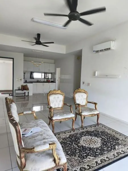 Living features: 3-seater fabric sofa in cream, 2 upholstered armchairs with gold accents, area rug with intricate pattern, white painted walls, glossy tile flooring, 5-blade ceiling fan, wall-mounted split AC, large window with natural light, shelf mounted on wall, decorative wall light; style: modern.