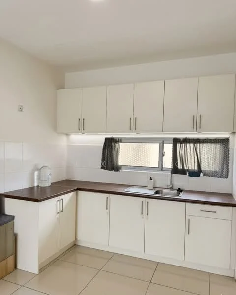 Kitchen features: white cabinetry, brown countertop, single-bowl stainless-steel sink, chrome pull-down faucet, tile backsplash, ceramic tile flooring, window with sheer curtains, under-cabinet lighting; style: modern.